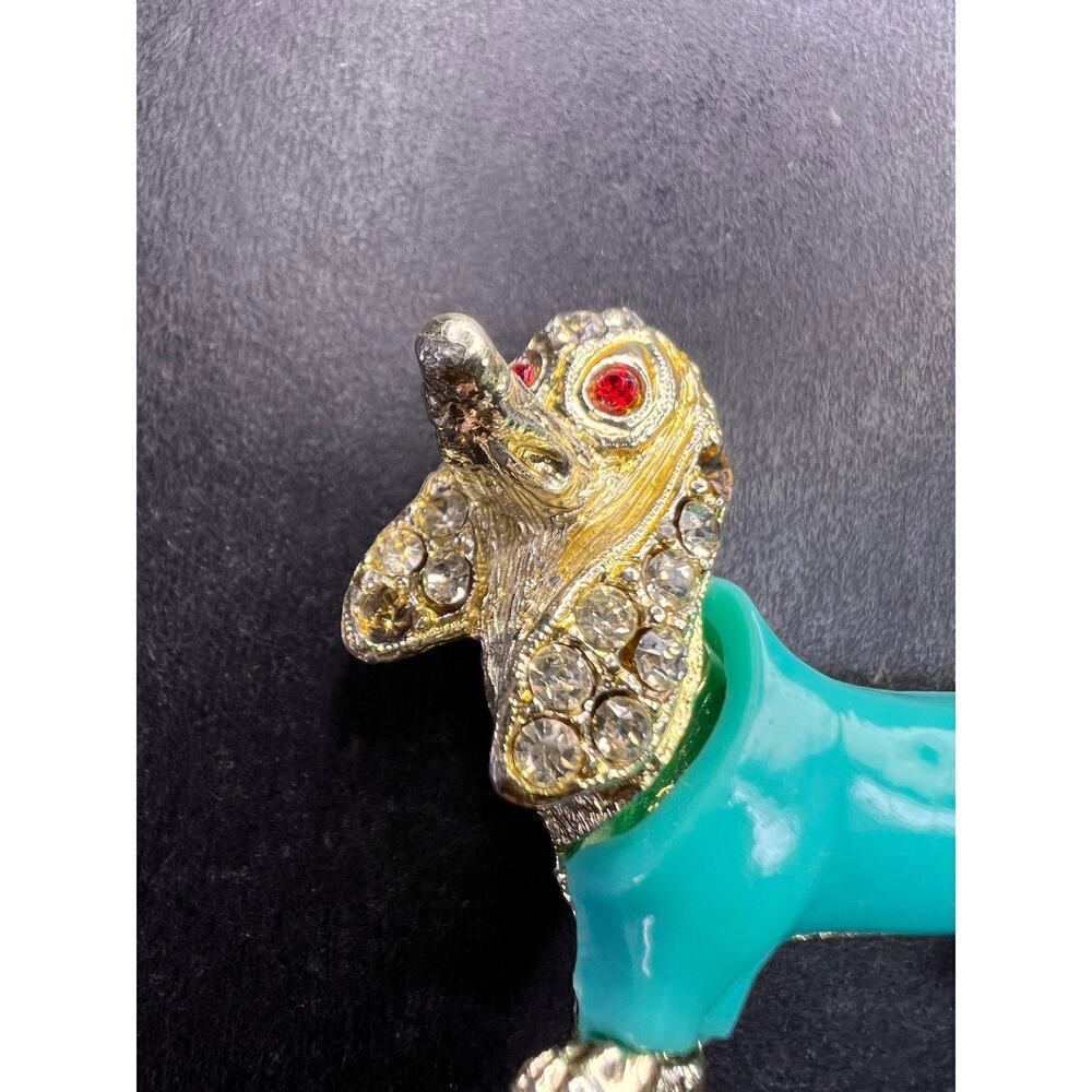 Vintage Gold Tone Dachshund Brooch Turquoise Lucite Rhinestones - Picture 2 of 9